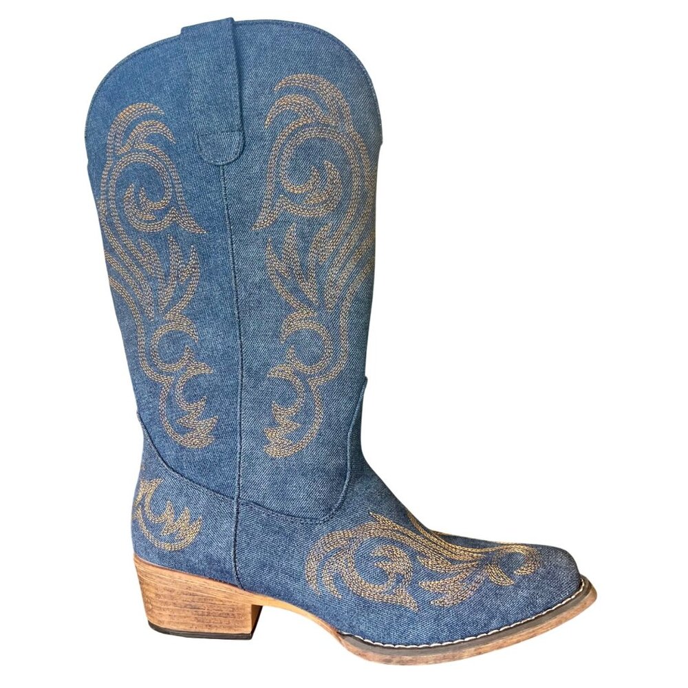Roper Denim Embroidered Western Cowboy Boots Women’s Size 9 Blue Gold Stitch New